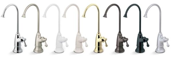 A group of four different faucets in white, black and gold.