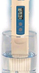 A blue and white remote control sitting in a clear container.