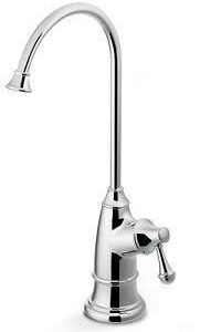 A chrome faucet with a metal head and a long handle.