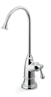 A chrome faucet with a metal head and a long handle.