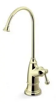 A gold faucet with a long handle and a white background