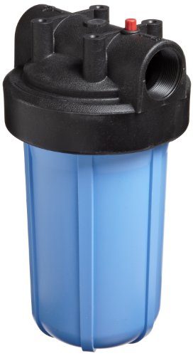 A blue water filter with black cap and handle.
