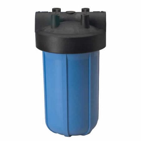 A blue water filter with black cap and lid.