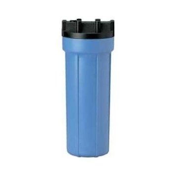 A blue water filter is sitting on the floor.