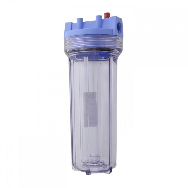 A clear water filter with blue cap and lid.