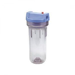 A clear plastic container with blue lid.