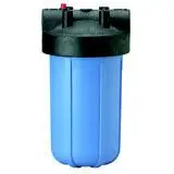 A blue water filter with black cap and lid.