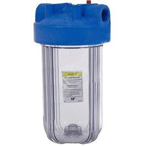 A clear water filter with blue cap and lid.