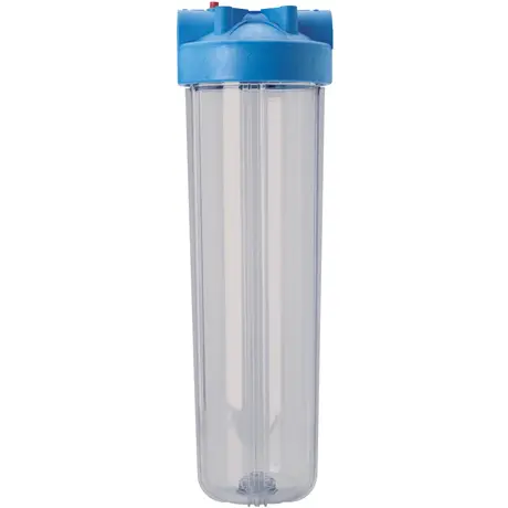 A clear plastic container with blue lid.