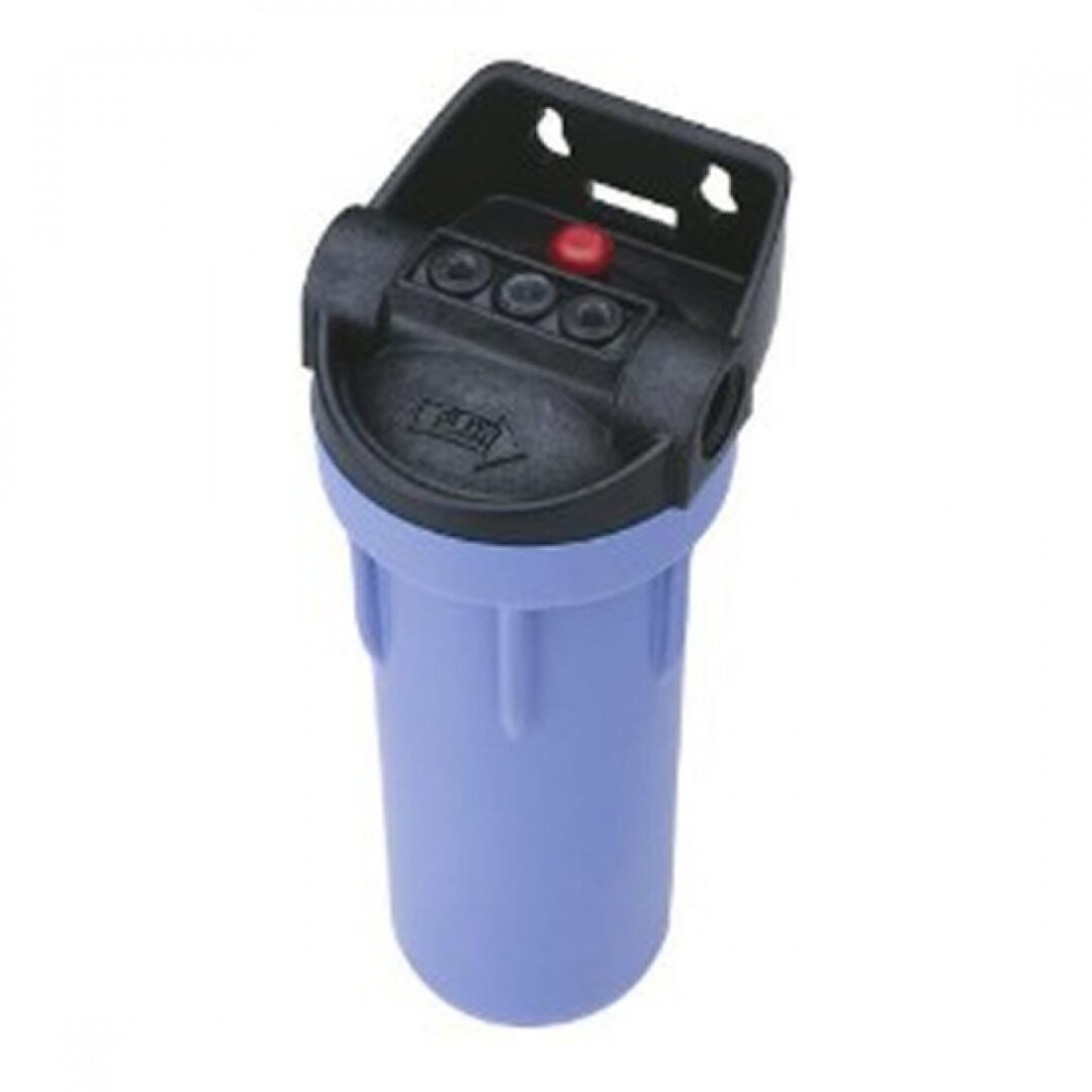 A blue water filter with black cap and handle.