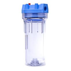 A clear water filter with blue cap and lid.