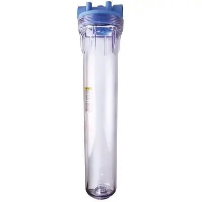 A clear water filter with blue cap and bottom.