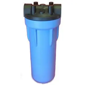 A blue filter housing with two black caps.