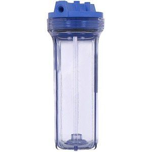 A blue water filter housing with a blue cap.