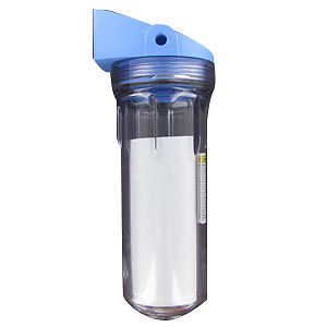 A blue and clear water filter is shown.